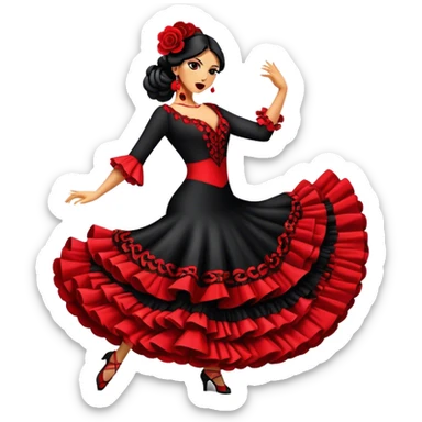 Cinematic Realistic Flamenco Dance Emoji, depicted as a passionate expressive flamenco performance with dramatic costumes and dynamic fiery movements, rendered with vibrant textures and bold energetic lighting that captures its intense rhythm. sticker