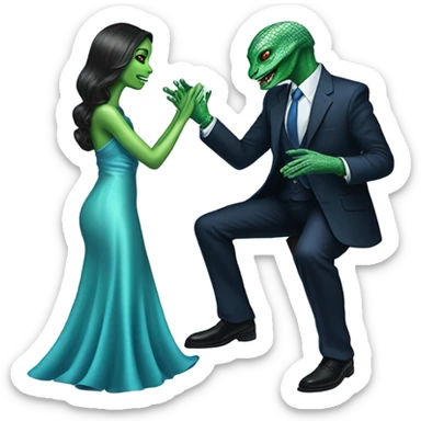 alien reptilian green skin woman, in long slim pastel blue formal party satin dress with gradient shiny sparkling navy blue diamonds embroidered , and caucasian man in black dres on his knees asks her to marry her sticker