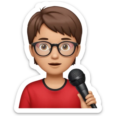 singer, Old, brown short hair, holding mic, red shirt glasses sticker