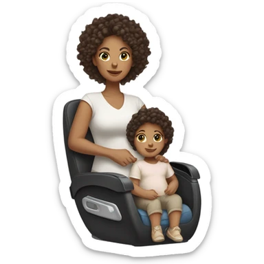 mom with light tan skin, shoulder length dark brown curly hair carrying 2 baby car seats  sticker