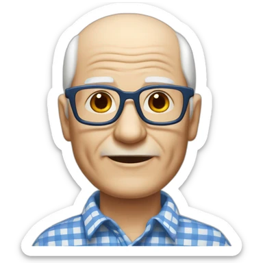 80-year-old grandfather with white skin color and glasses to see, wearing a white and blue checkered shirt. with white hair bald front of the head  sticker