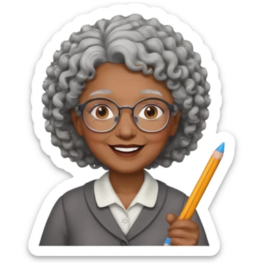 old woman teacher, brown skin, curly grey white hai, wearing glasses, hold chalk on hand sticker