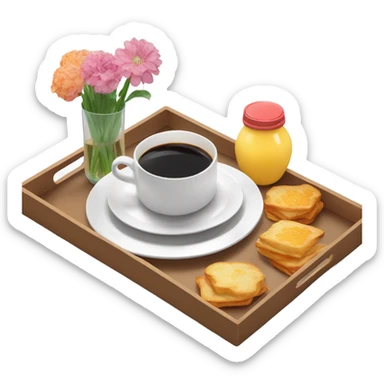 Breakfast on serving tray with three flowers in small vase  sticker