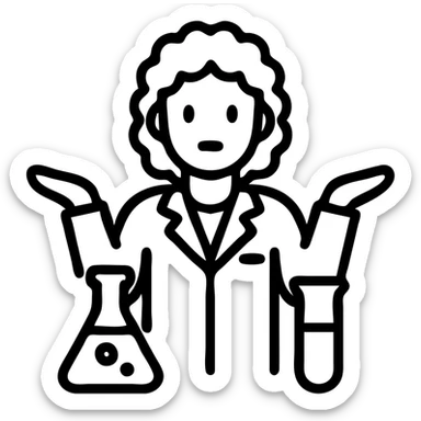 woman scientist with curly hair shrugging, lab equipment nearby, outlined icon style sticker