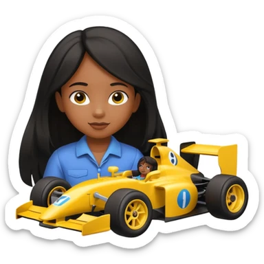 long black haired black girl kid playing yellow colored formula 1 car toy sticker