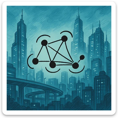 Add a futuristic city background, keep the hand-drawn neural network diagram as the main subject, maintain doodle style sticker