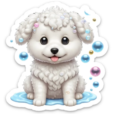 white curly dog with soap bubbles sticker