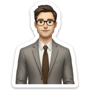 Pale skinned fit man with dark brown hair in gray jacket, beige office shirt, brown tie, brown pants and vintage glasses Writing on the flipchart sticker