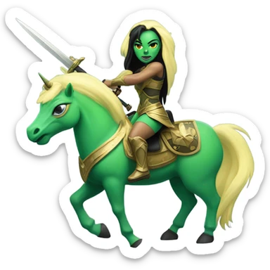 English

a green amazon alien woman on a light yellow unicorn with black mane holding a sword and shield sticker