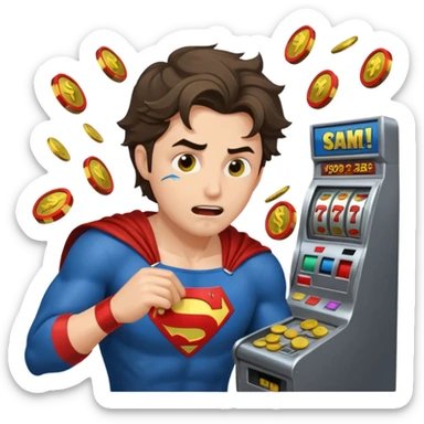 disheveled super hero losing money at a slot machine, panicked face, coins flying sticker
