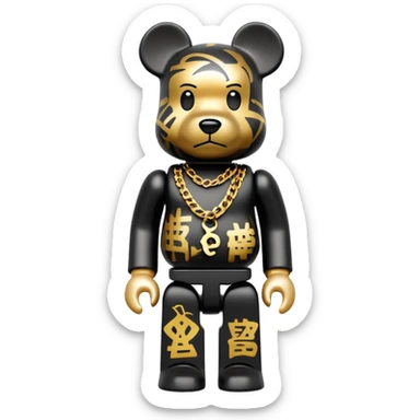 hustler bearbrick toy figure with graffiti print, X symbols instead of eyes, gold chain and money sticker