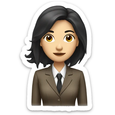 Female defense attorney with long black hair with brown suit sticker