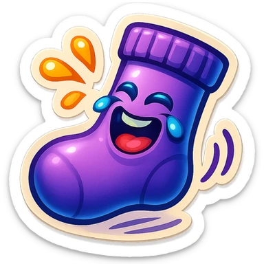 A purple sock with a laughing face, rolling on the floor, representing laughter or amusement. sticker