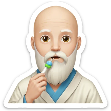 completely bald guy, with a long, white wizard beard tied down in a hair tie, eating a strand of dna sticker
