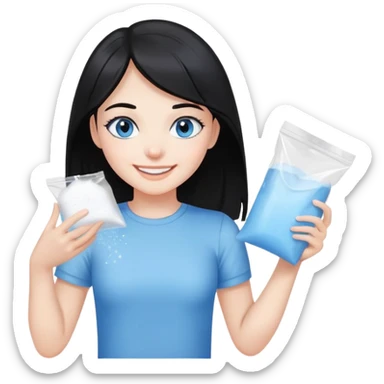 Black hair blue eye Girl smiling holding a clear plastic bag with white powder sticker