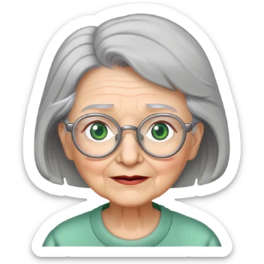 Grandma with grey hair, green eyes, grey hair, glasses with no teeth sticker