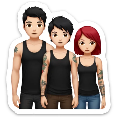 generate a fair boy with messy black hair, tattoos. standing beside a fair black haired girl wearing a black cami top and a tan girl with red hair sticker