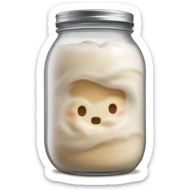 Bubbly Sourdough starter in a jar slightly overflowing down the side, refine sticker