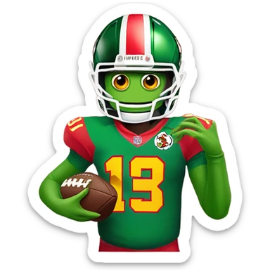 Kermit the Frog in a Patrick mahomes jersey holding a football sticker