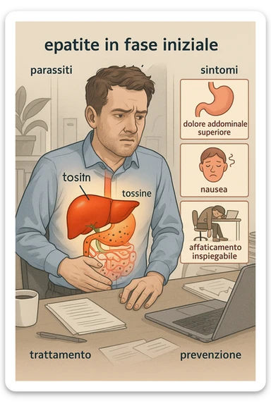 Man sitting at office desk experiencing subtle symptoms of liver dysfunction, upper abdominal pain, nausea, and unexplained fatigue Parasites: Types, Symptoms, Treatment & Prevention, expression of confusion about vague health issues, liver shown in transparent overlay with early inflammation, toxins beginning to accumulate in bloodstream, productivity declining as liver struggles to filter properly in italiano sticker