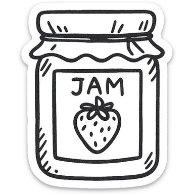 jar of strawberry jam, hand drawn black outline style sticker