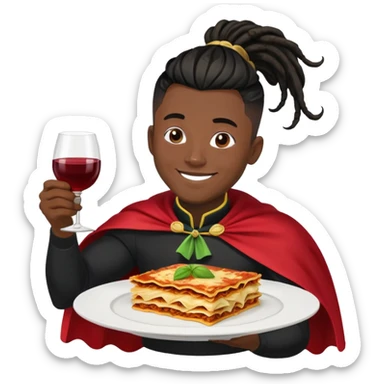  High fade widows peak ponytail dreadlock male black hair dark skin smiling and nigerian cape lasagna and wine while flying through the air sticker