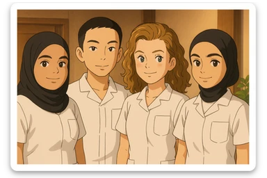 Four nursing students standing side by side, resembling the four people in the reference photos, in Ghibli style. They wear white medical uniforms with short sleeves, no collar, no undershirt, and no stethoscope. The tops are medical tunics with V-neck collars and a left chest pocket. Warm indoor ambiance. sticker