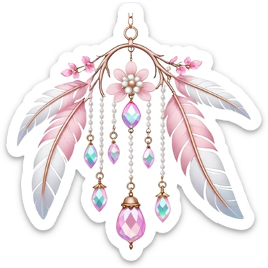 Hanging Iridescent pastel pink sakura crystals white-pearly suncatcher with bells and feathers sticker