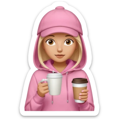 Woman in pink hoodie and cap holding coffee sticker