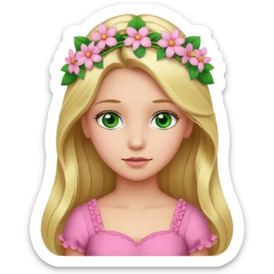 Girl profile picture with long blonde hair and green eyes and a flower in her hair. and a pink outfit sticker