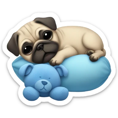 Baby pug sleeping next blue teddy bear  sticker