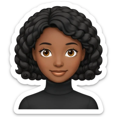 Create a custom emoji-style character inspired by a smiling black woman with curled black hair, dark skin tone, dark eyes, and wearing a turtleneck.  sticker