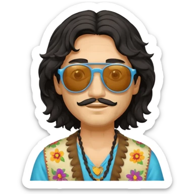 man in hippies clothes, wearing sunglasses, black wavy hair sticker