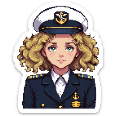 girl with curly dirty blonde hair, cruise captain uniform, questioning expression sticker