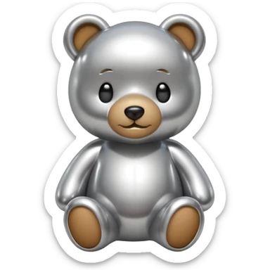 A cute teddy bear emoji made of liquid silver chrome, smooth rounded body, glossy metallic surface, soft reflections, friendly proportions, iOS emoji style, centered, clean white background sticker
