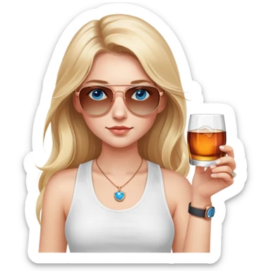 girl with long blond hair
with blue eyes
and aviator sunglasses
wearing white tank top 
holding a glass of whiskey, wearing rose gold apple watch  sticker