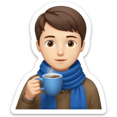 a boy with short hair, having scarf,  drink coffee, enjoy sticker