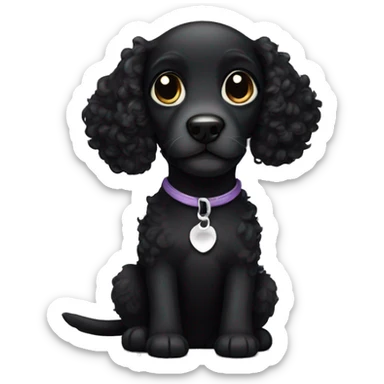curly black puppy with white forehead sticker