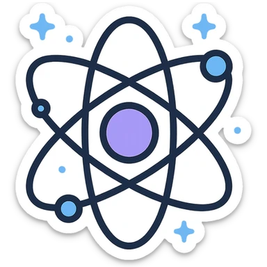minimalist atomic nucleus with orbiting electrons, subtle starry space background, cool blue and purple palette, modern flat icon style, optimized for small size sticker