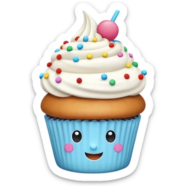 A 3D cartoon cupcake advertisement poster hanging on a wall, visible border, flat lighting, Memoji-style. sticker