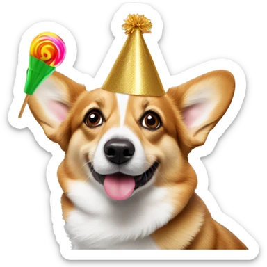 Corgi with a New Year's elf hat and a New Year's lollipop sticker