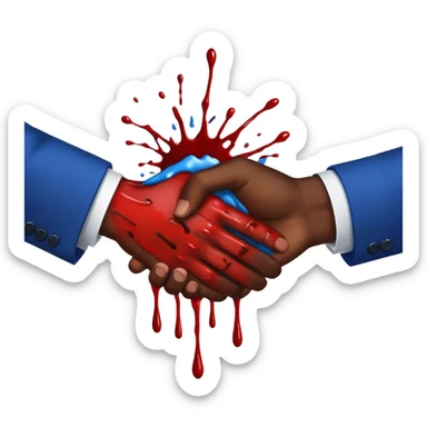 handshake, blood on one of the hands, in blue suits, blood splashes sticker