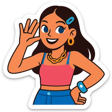 girl with clear skin, bright eyes, healthy hair, confident smile, Y2K fashion, shiny accessories, bold colors, playful pose sticker
