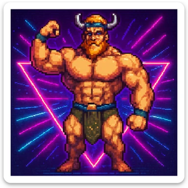 Add a neon background to the Techno Viking flexing muscles in pixel art style. Keep the pixel art style look and feel. sticker