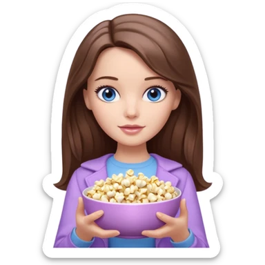 beautiful barbie girl with long brown hair, blue eyes and wearing light purple clothes watching stranger things on tv sticker