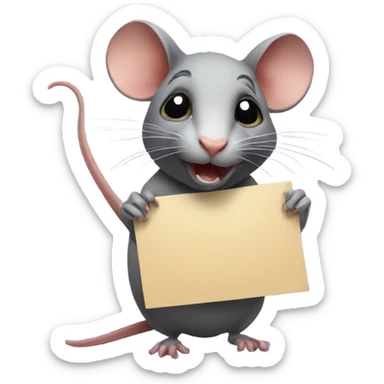 RAT, turned to the right side, holds a sign sticker