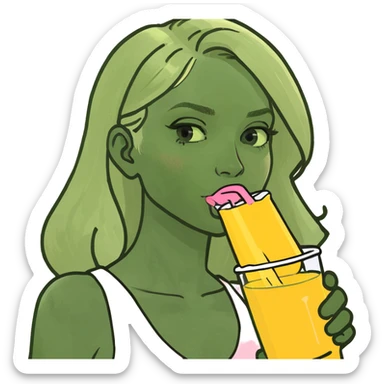 Blond girl with light pink dress dring yellow juice sticker