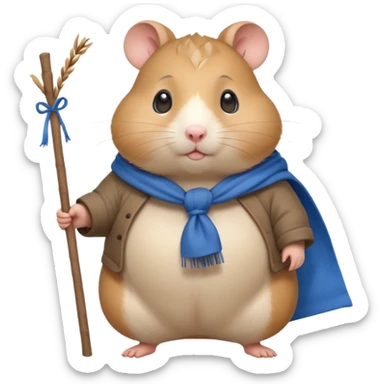 Cute fat cartoon-style hamster, standing upright like a traveler, carrying a stick with a tied blue cloth bundle (bindle) over its shoulder. Painted in a soft, hand-drawn style with light shading, expressive big eyes, and a slightly whimsical, melancholy expression. sticker