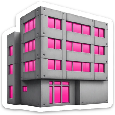 Brutalist gray concrete block building with one neon pink window and several regular windows sticker