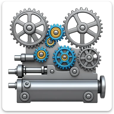 dense greyscale emoji-style card back featuring a psychedelic, abstract but functioning machine packed edge-to-edge with interconnected gears, pistons, levers, and moving parts forming a seamless, complex mechanism, no background visible, only the machine fills the card sticker